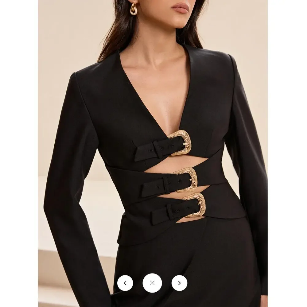 Commense Metal Buckle Cut-Out Top and Skirt Set Sz S